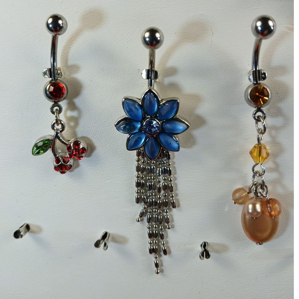 Vintage 90s Belly Button Rings 316L Surgical Steel 14G Cherry Flower CZ 7pc Set - Picture 13 of 17